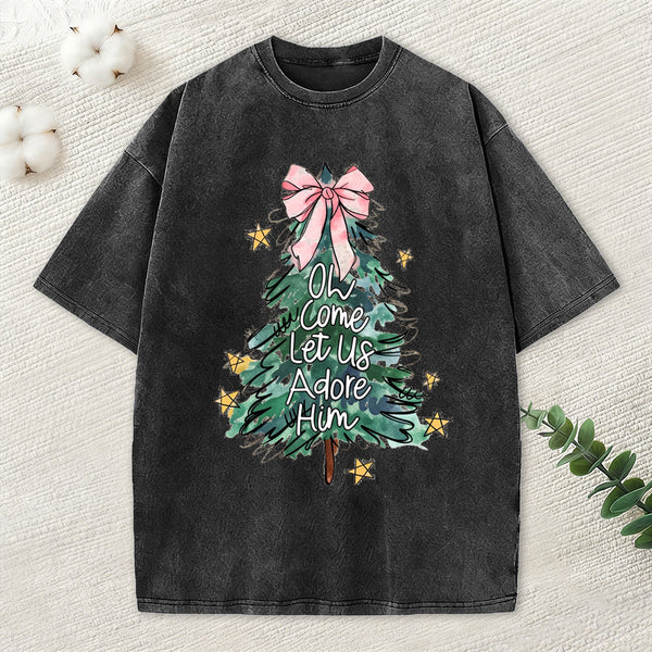 Oh Come Let Us Adore Him Christian Christmas Washed T-Shirt