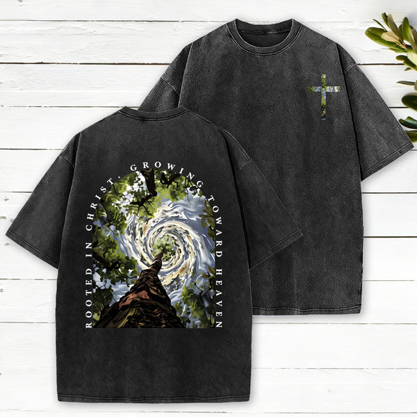 Rooted In Christ Growing Toward Heaven Christian Washed T-Shirt