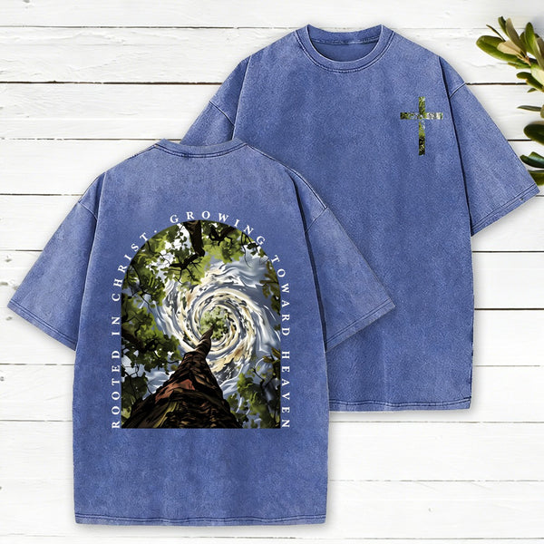 Rooted In Christ Growing Toward Heaven Christian Washed T-Shirt