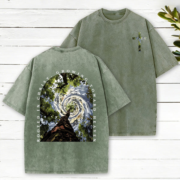 Rooted In Christ Growing Toward Heaven Christian Washed T-Shirt