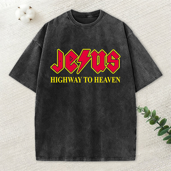 Jesus Highway To Heaven Christian Washed T-Shirt