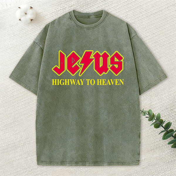 Jesus Highway To Heaven Christian Washed T-Shirt