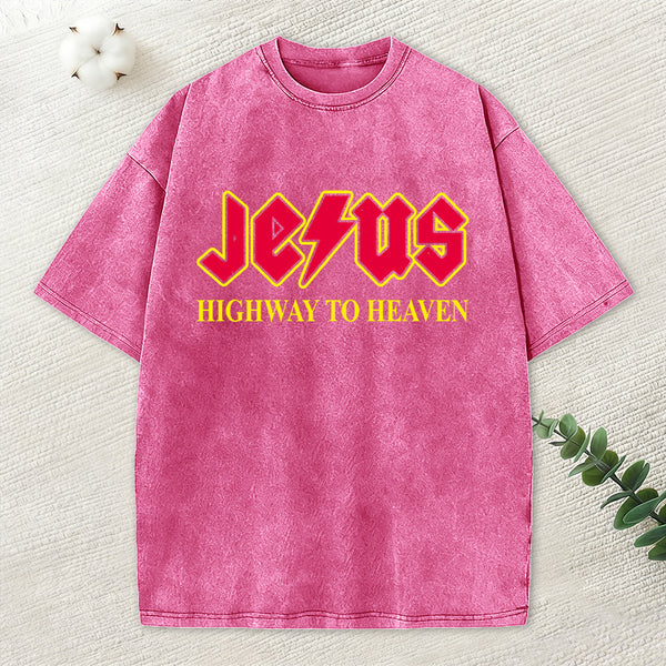 Jesus Highway To Heaven Christian Washed T-Shirt