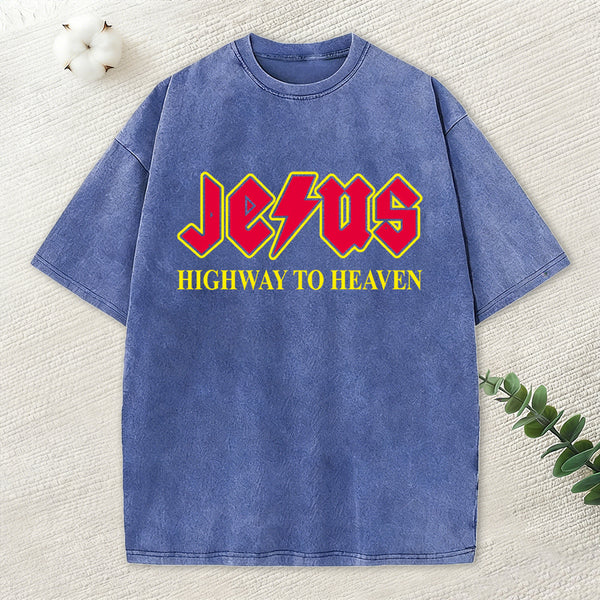 Jesus Highway To Heaven Christian Washed T-Shirt