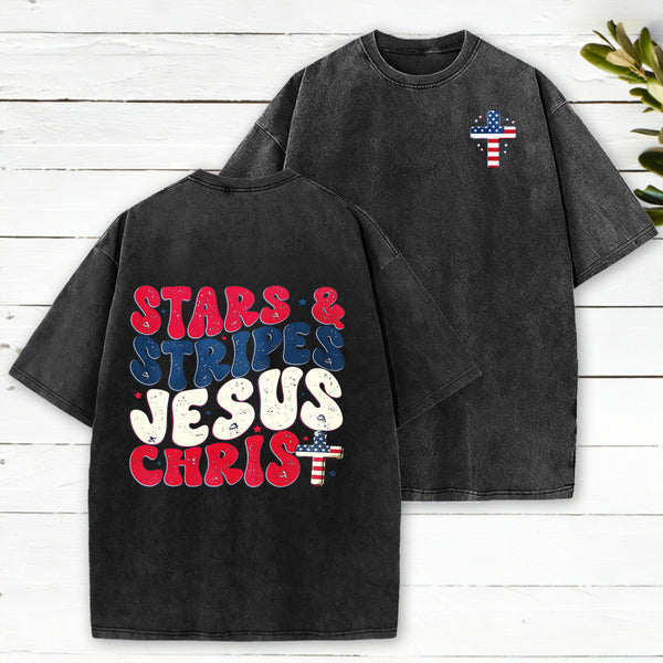 Stars Stripes Jesus Christ Christian Washed T-Shirt
