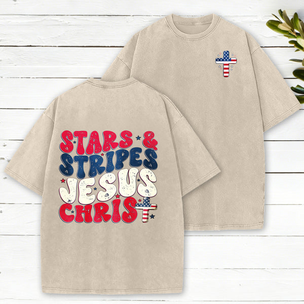 Stars Stripes Jesus Christ Christian Washed T-Shirt