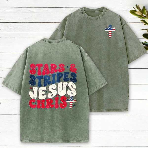 Stars Stripes Jesus Christ Christian Washed T-Shirt