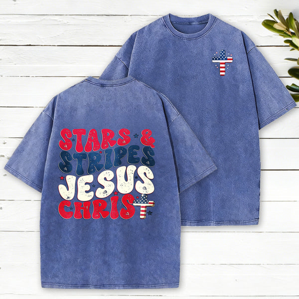 Stars Stripes Jesus Christ Christian Washed T-Shirt