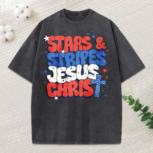 Stars Stripes Jesus Christ Christian Washed T-Shirt