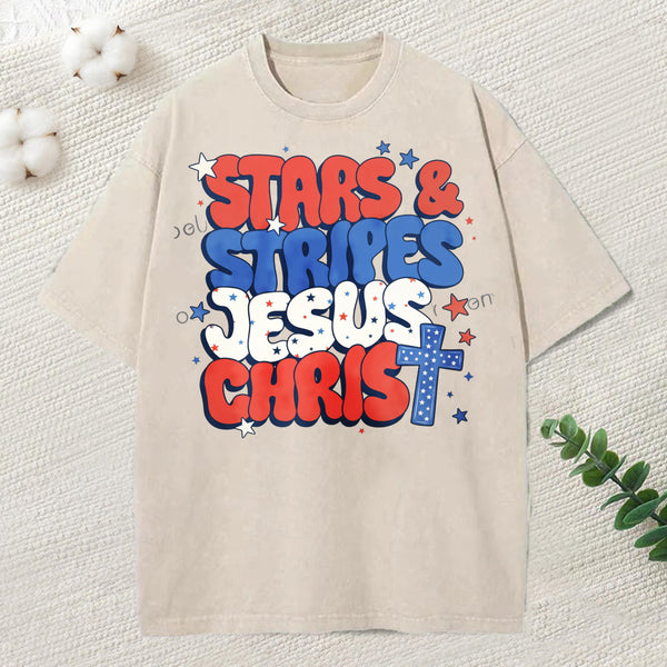 Stars Stripes Jesus Christ Christian Washed T-Shirt