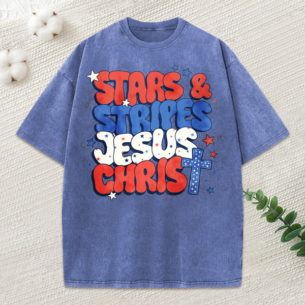 Stars Stripes Jesus Christ Christian Washed T-Shirt