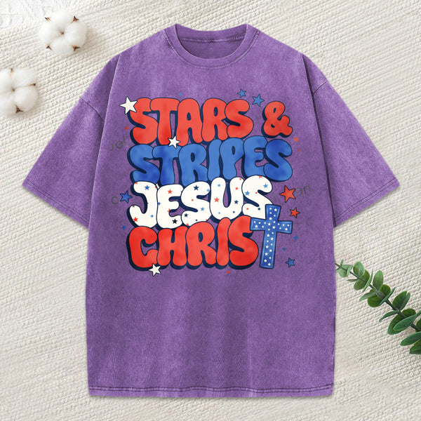 Stars Stripes Jesus Christ Christian Washed T-Shirt