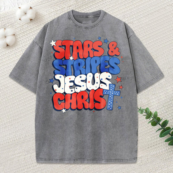 Stars Stripes Jesus Christ Christian Washed T-Shirt
