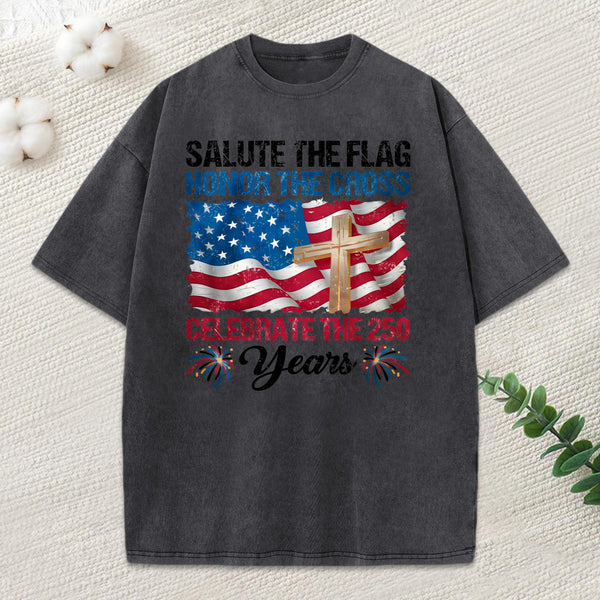 Salute The Flag Honor The Cross Christian Washed T-Shirt