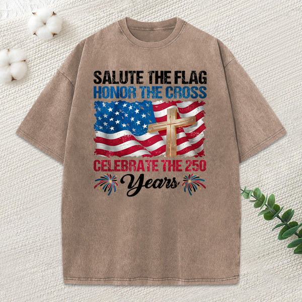 Salute The Flag Honor The Cross Christian Washed T-Shirt