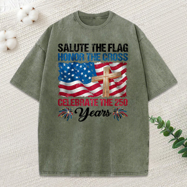 Salute The Flag Honor The Cross Christian Washed T-Shirt