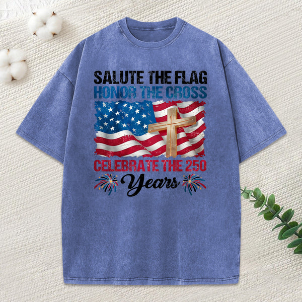 Salute The Flag Honor The Cross Christian Washed T-Shirt