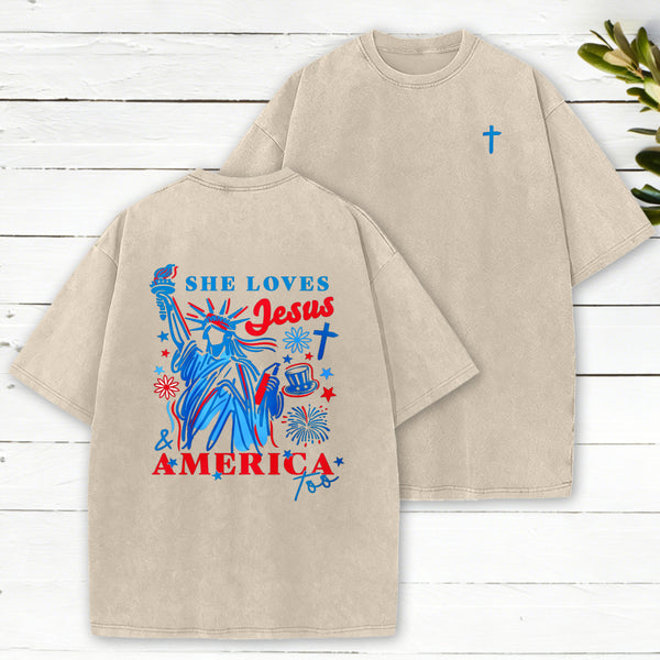 She Loves Jesus And America Christian Washed T-Shirt