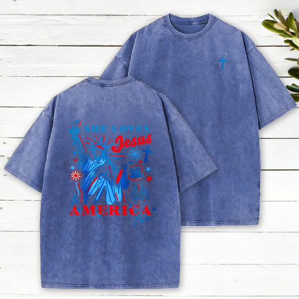 She Loves Jesus And America Christian Washed T-Shirt