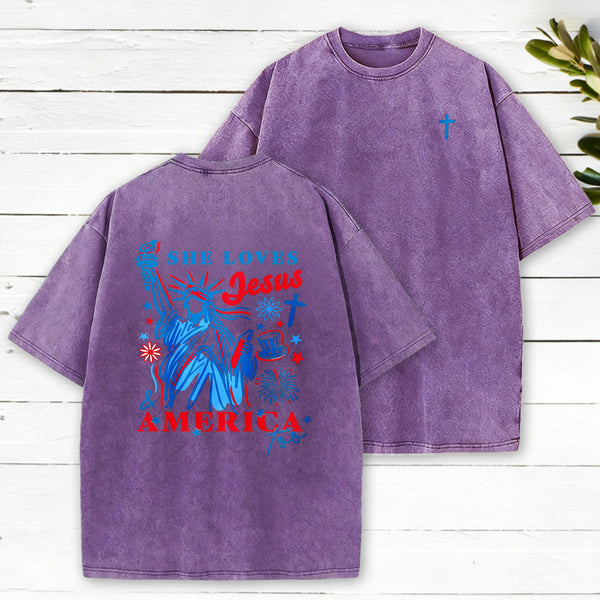 She Loves Jesus And America Christian Washed T-Shirt