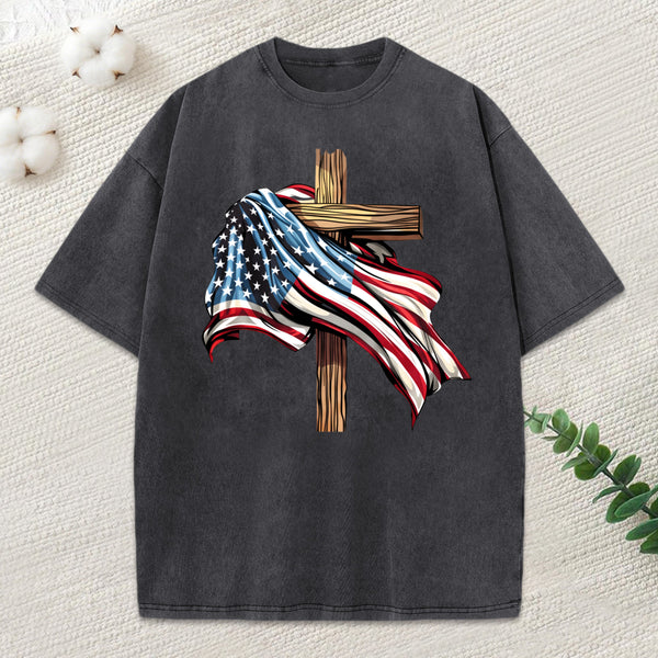 Cross Flag Christian Washed T-Shirt