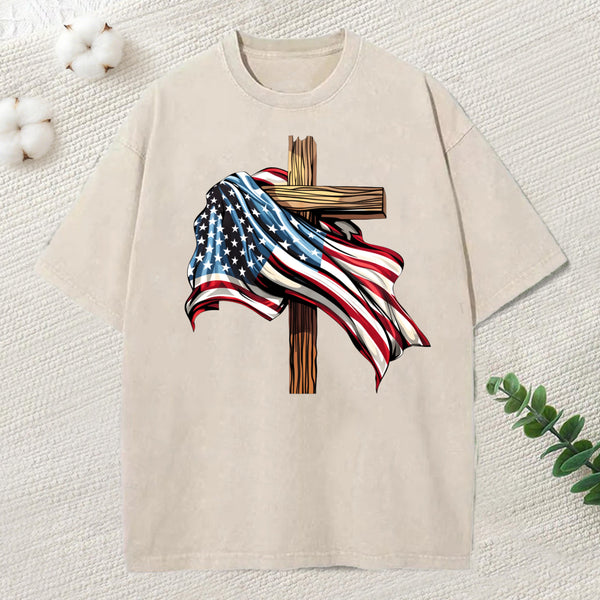 Cross Flag Christian Washed T-Shirt
