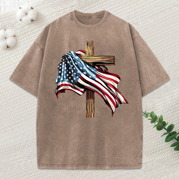 Cross Flag Christian Washed T-Shirt