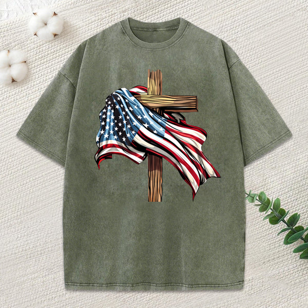 Cross Flag Christian Washed T-Shirt