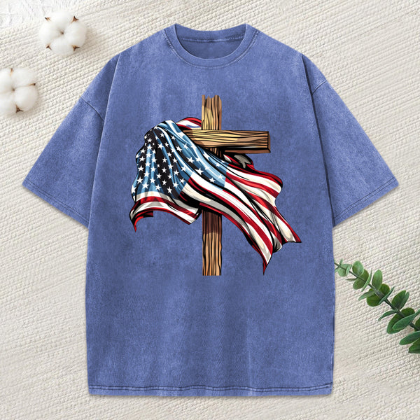Cross Flag Christian Washed T-Shirt