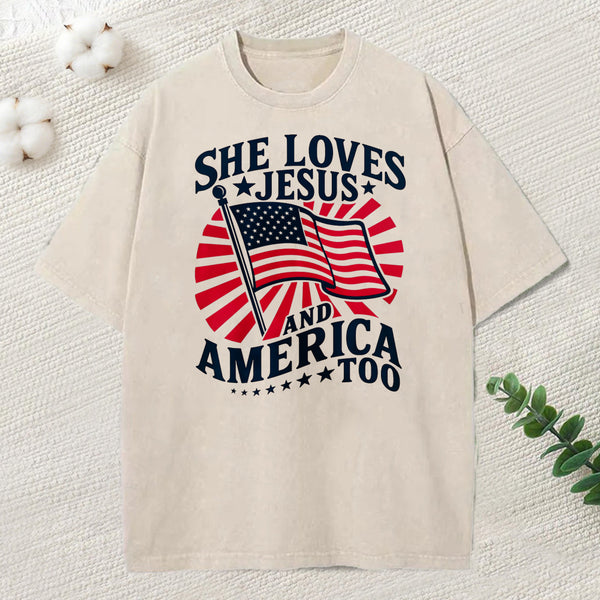 She Loves Jesus And American Too Christian Washed T-Shirt