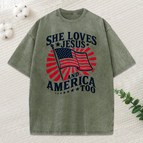 She Loves Jesus And American Too Christian Washed T-Shirt