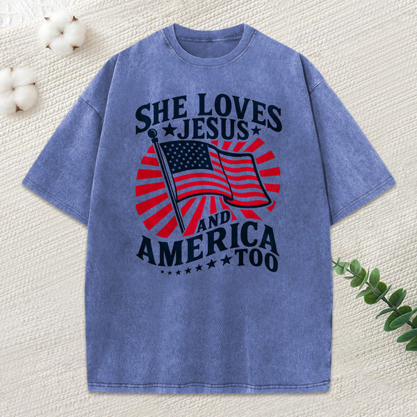 She Loves Jesus And American Too Christian Washed T-Shirt