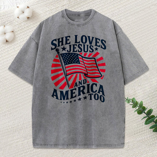 She Loves Jesus And American Too Christian Washed T-Shirt