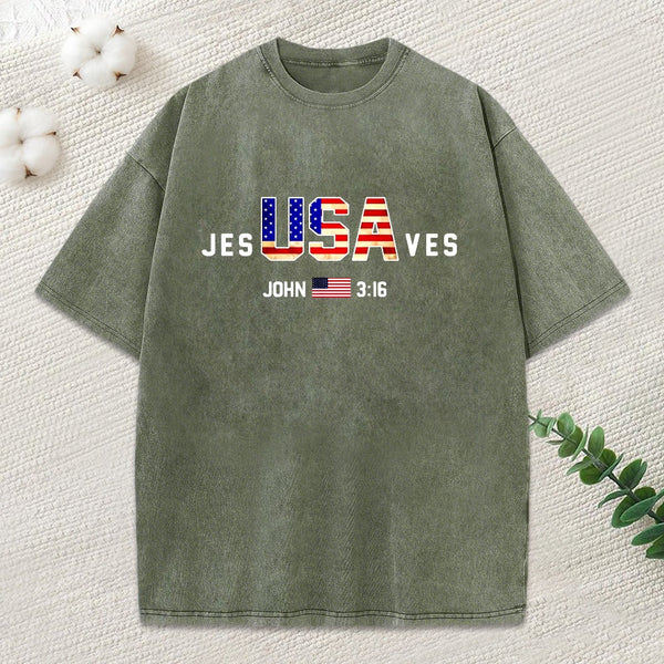 Jesus Saves Usa Christian Washed T-Shirt