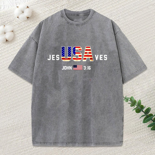 Jesus Saves Usa Christian Washed T-Shirt