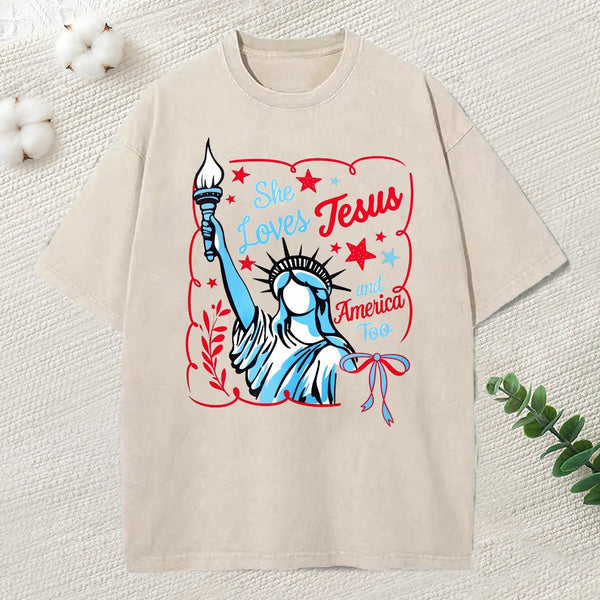 She Loves Jesus And America Too Independence Day Christian Washed T-Shirt