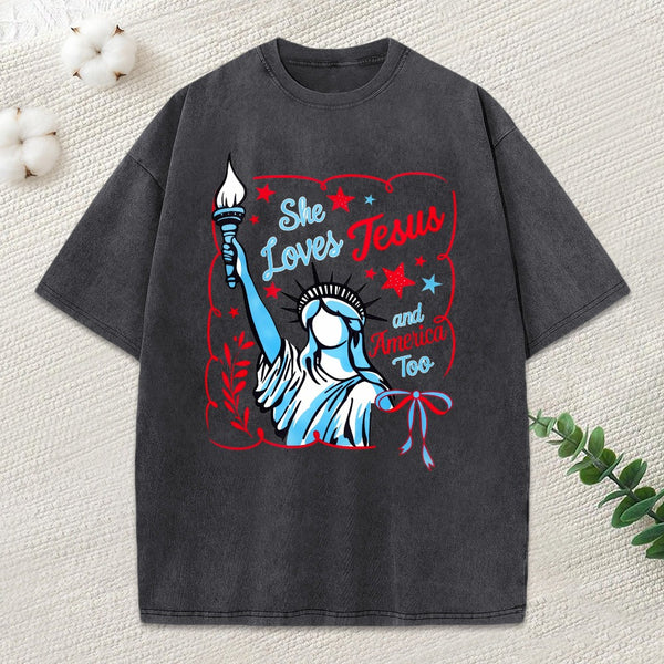 She Loves Jesus And America Too Independence Day Christian Washed T-Shirt