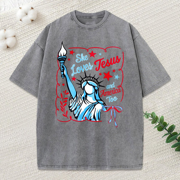 She Loves Jesus And America Too Independence Day Christian Washed T-Shirt
