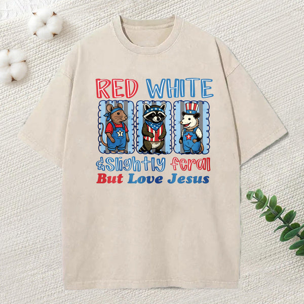 Slightly Feral But Love Jesus Christian Washed T-Shirt