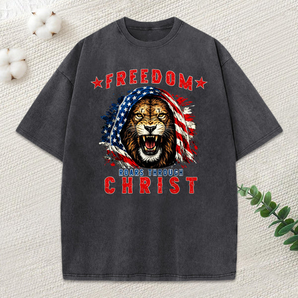 Freedom Roars Through Christ Christian Washed T-Shirt