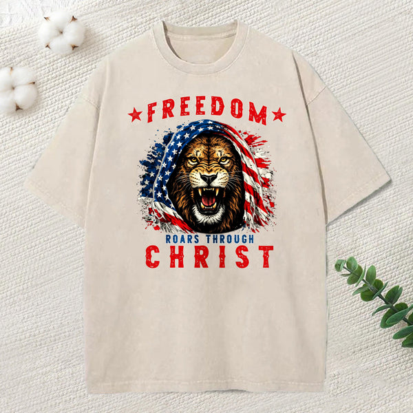 Freedom Roars Through Christ Christian Washed T-Shirt