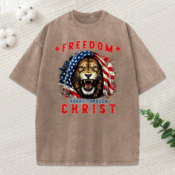 Freedom Roars Through Christ Christian Washed T-Shirt