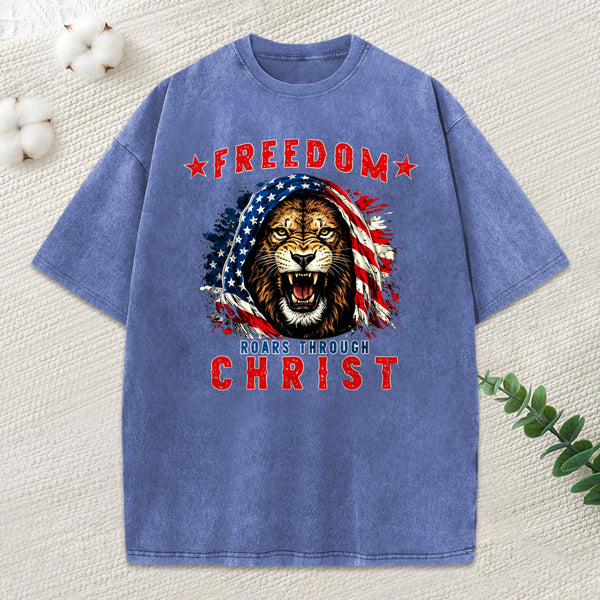 Freedom Roars Through Christ Christian Washed T-Shirt