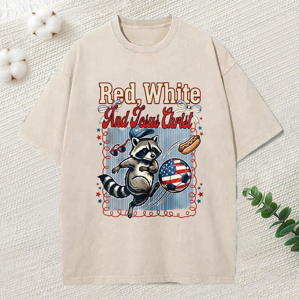 Red White And Jesus Christ Christian Washed T-Shirt