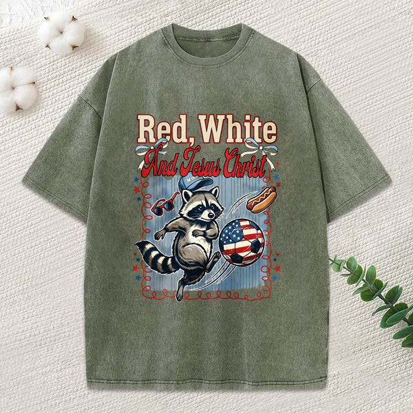 Red White And Jesus Christ Christian Washed T-Shirt