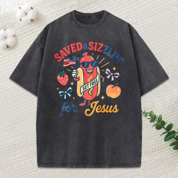 Saved Sizzlin' For Jesus Christian Washed T-Shirt