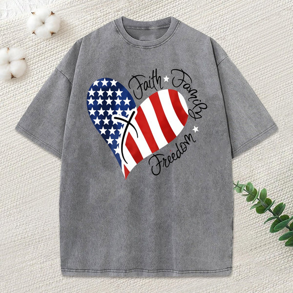 Faith Family Freedom Heart Christian American 4Th Of July Washed T-Shirt