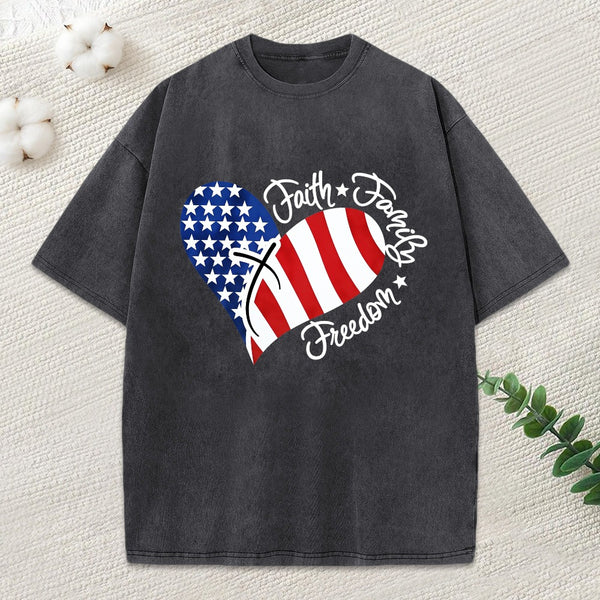Faith Family Freedom Heart Christian American 4Th Of July Washed T-Shirt