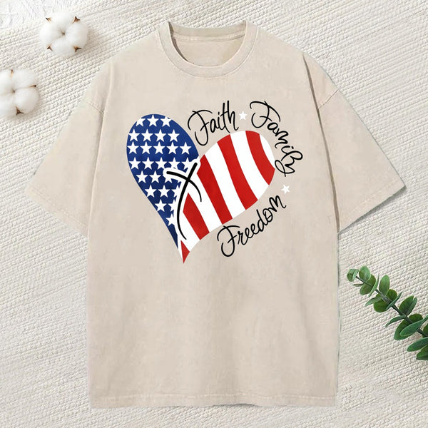 Faith Family Freedom Heart Christian American 4Th Of July Washed T-Shirt