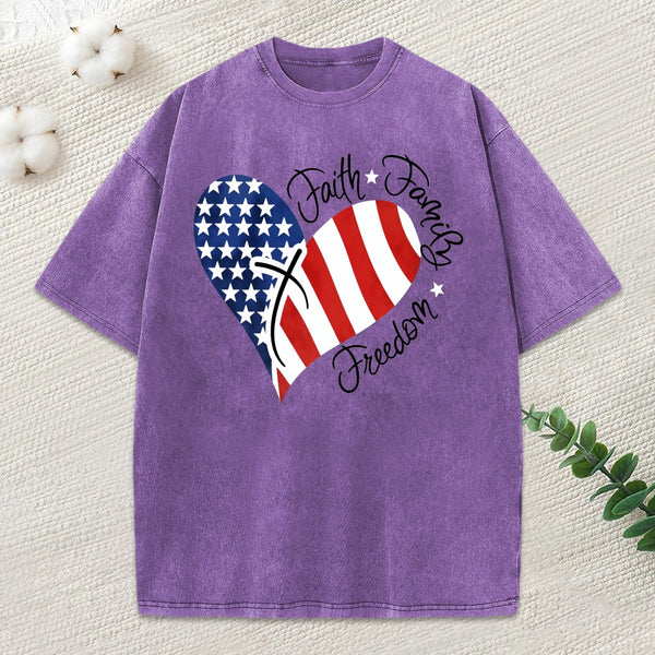 Faith Family Freedom Heart Christian American 4Th Of July Washed T-Shirt